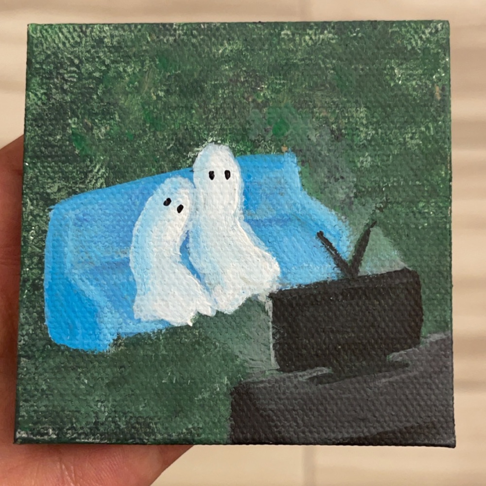 Mini Canvas, Ghosts Watching TV, Acrylic Painting